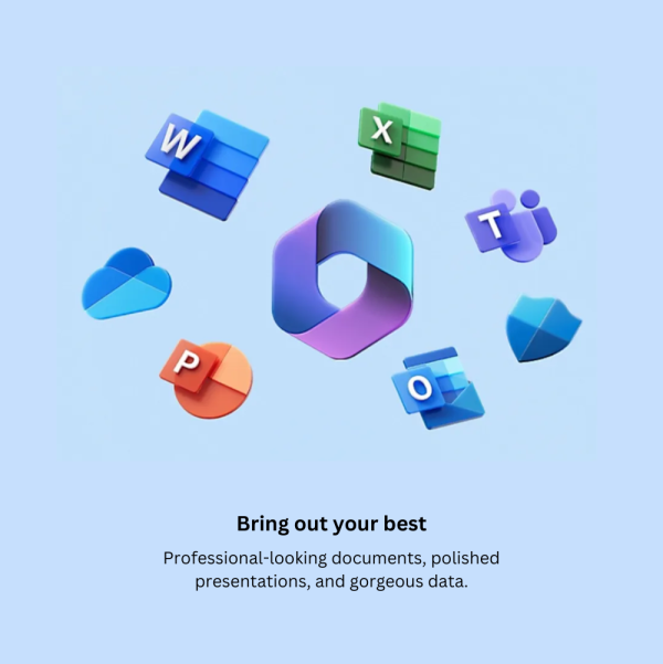 Collection of Office 365 application icons including Word, Excel, PowerPoint, and Teams on a blue background.