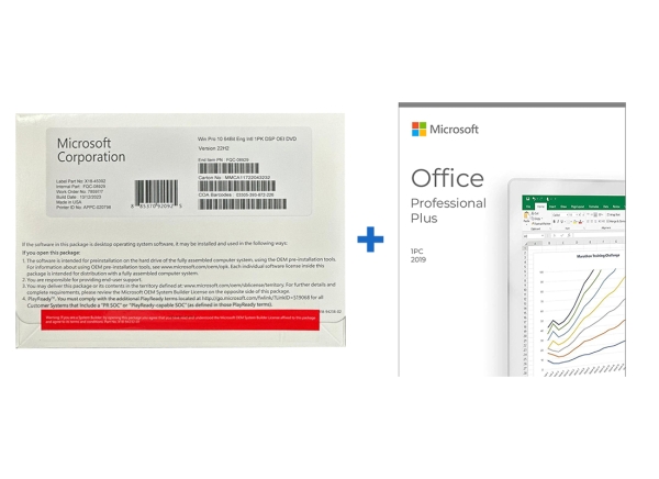 Microsoft Windows 10 Pro DVD and Office 2019 Professional Plus package, featuring installation instructions and product details.