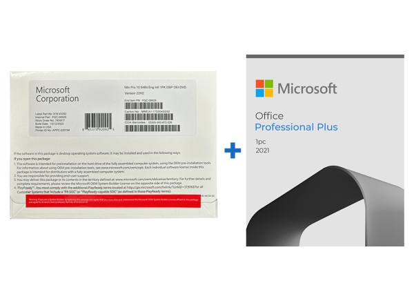 Microsoft Windows 10 Pro DVD and Office 2021 DVD packaging, featuring product details and installation instructions.