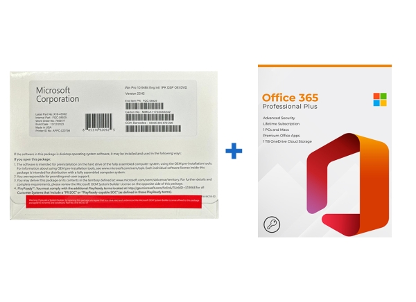 Windows 10 Pro DVD and Office 365 Professional Plus package featuring advanced security and 1TB cloud storage.