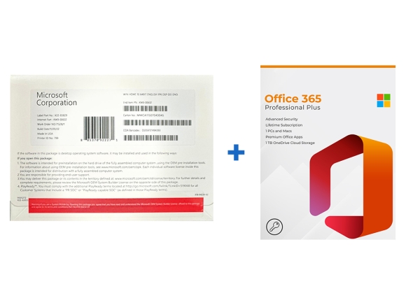 Windows 10 Home DVD and Office 365 Professional Plus packaging, featuring Microsoft branding and product details.