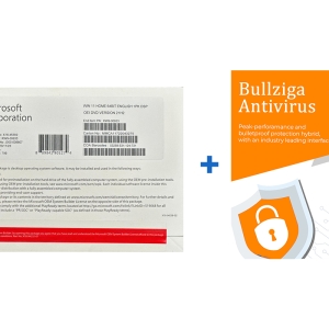 Windows 11 Home DVD packaging featuring Bullziga Antivirus for enhanced security and performance.