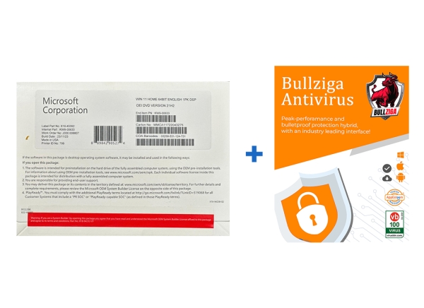 Windows 11 Home DVD packaging featuring Bullziga Antivirus for enhanced security and performance.