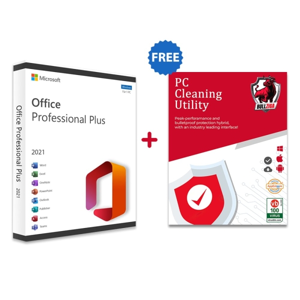 Microsoft Office 2021 Pro Plus with Free BullZIGA PC Cleaning Utility 1-Year | 1-Device (Windows/Mac OS/Android/iOS)