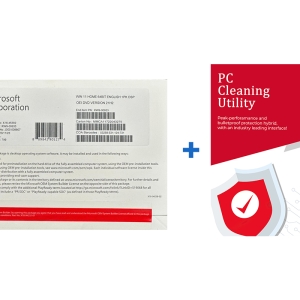 Windows 11 Home DVD by Microsoft alongside Bullziga PC Cleaning Utility, featuring performance and protection tools.