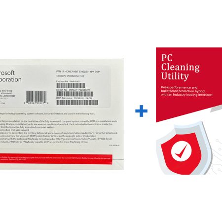 Windows 11 Home DVD by Microsoft alongside Bullziga PC Cleaning Utility, featuring performance and protection tools.