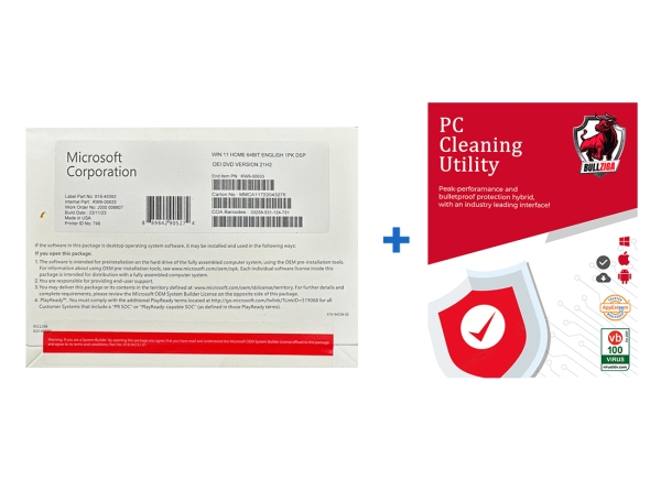 Windows 11 Home DVD by Microsoft alongside Bullziga PC Cleaning Utility, featuring performance and protection tools.