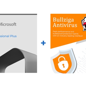 Microsoft Office Professional Plus 2021 and Bullziga Antivirus software package featuring security and productivity tools.