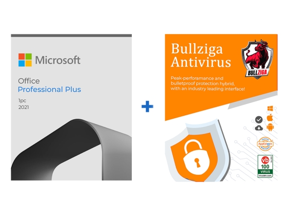 Microsoft Office Professional Plus 2021 and Bullziga Antivirus software package featuring security and productivity tools.