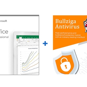 Microsoft Office Professional Plus 2019 software package alongside Bullziga Antivirus product, showcasing productivity and security solutions.