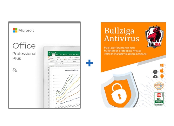 Microsoft Office Professional Plus 2019 software package alongside Bullziga Antivirus product, showcasing productivity and security solutions.