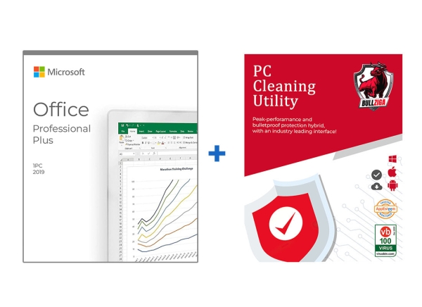Microsoft Office Professional Plus 2019 software box alongside PC Cleaning Utility software, featuring productivity and system optimization tools.
