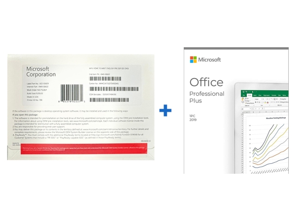 Microsoft Windows 10 Home DVD and Office 2019 Professional Plus packaging, featuring product information and installation details.