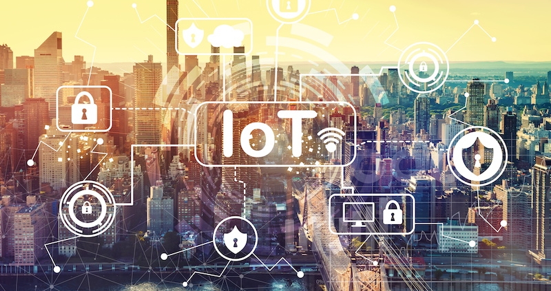 IoT security theme with aerial view of Manhattan, NY