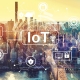IoT security theme with aerial view of Manhattan, NY