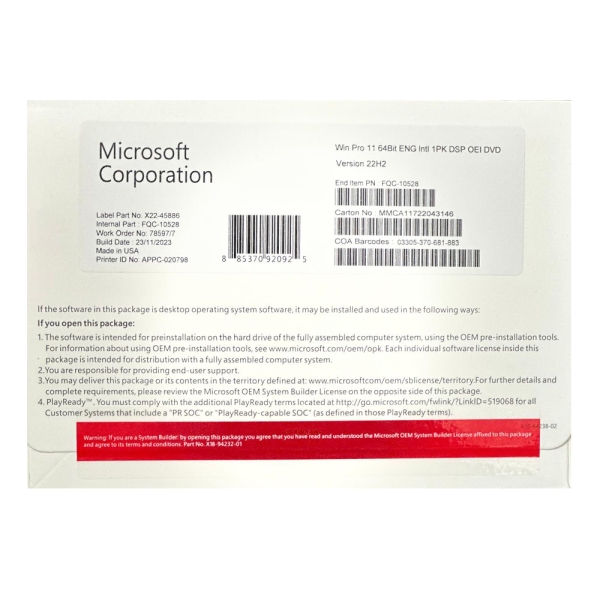 Microsoft Windows 11 Pro 64-bit DVD package with installation details and barcode, suitable for OEM pre-installation.