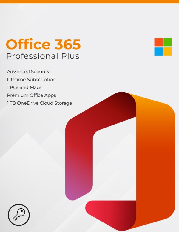 Office 365 Professional Plus key card featuring advanced security, lifetime subscription, and 1 TB OneDrive cloud storage.