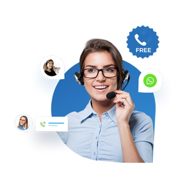 Smiling customer support representative with headset, offering assistance via phone and chat, showcasing communication options.