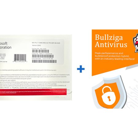 Windows 11 Pro DVD packaging alongside Bullziga Antivirus software, featuring security icons and branding elements.