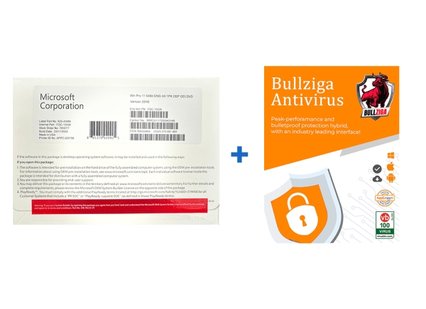 Windows 11 Pro DVD packaging alongside Bullziga Antivirus software, featuring security icons and branding elements.