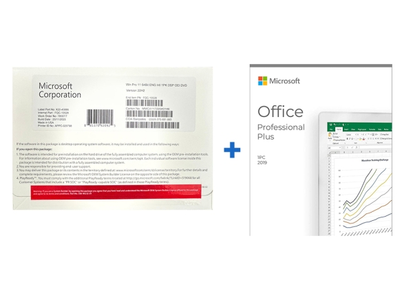 Microsoft Windows 11 Pro DVD and Office 2019 Professional Plus package, featuring software installation media and product information.