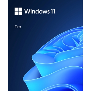 Windows 11 Pro software box featuring a blue wave design and Microsoft logo, highlighting the latest operating system features.