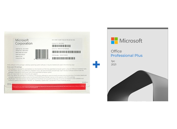 Microsoft Windows 10 Home DVD and Office Professional Plus 2021 package, featuring product details and installation instructions.