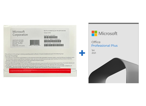 Microsoft Windows 10 Pro DVD and Office 2021 USB package featuring installation media for software products.