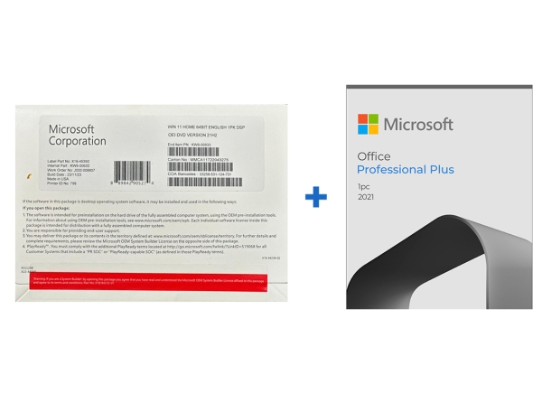 Windows 11 Home DVD and Microsoft Office 2021 USB package, featuring product details and branding for software installation.