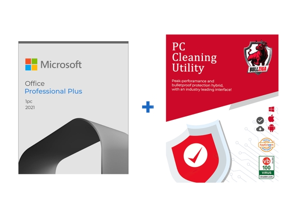 Microsoft Office Professional Plus 2021 software package and PC Cleaning Utility by Bullziga, featuring protective interface and performance tools.