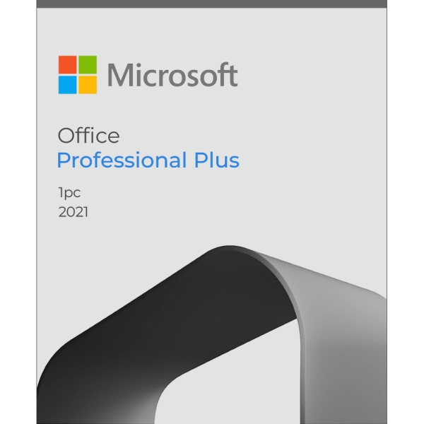 Microsoft Office Professional Plus 2021 software package featuring a sleek design and the Microsoft logo, suitable for personal and business use.