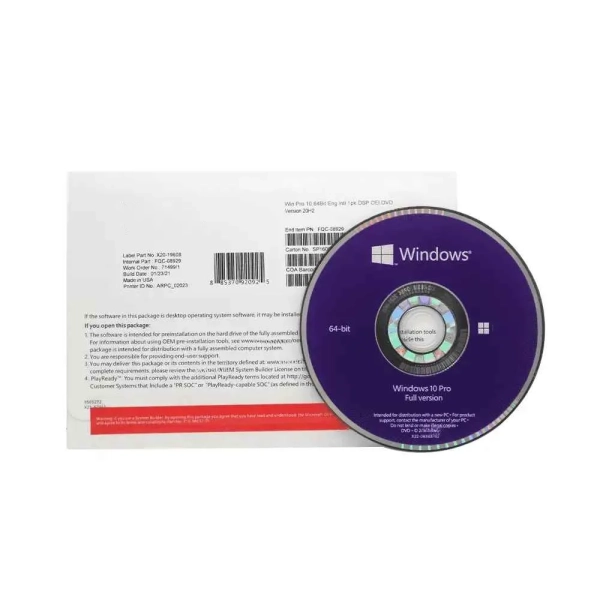 Windows 10 Pro OEM software disc with packaging, 64-bit version for desktop operating systems, includes installation tools and license details.