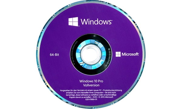 Windows 10 Pro 64-Bit installation disc featuring Microsoft branding and product details.