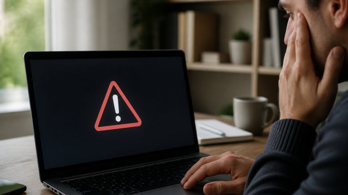 A person looking worried at a laptop warning screen regarding the security risks of using cheap software keys.