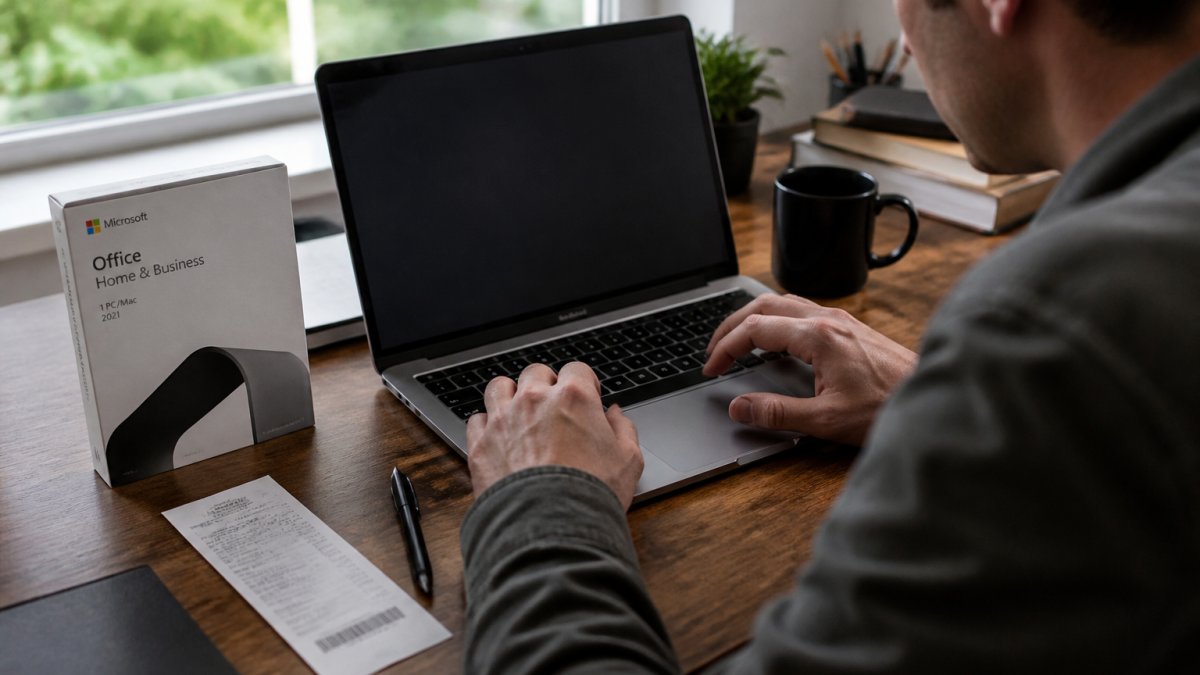 Person checking a software product key on a laptop screen near a retail box to verify genuine office licenses