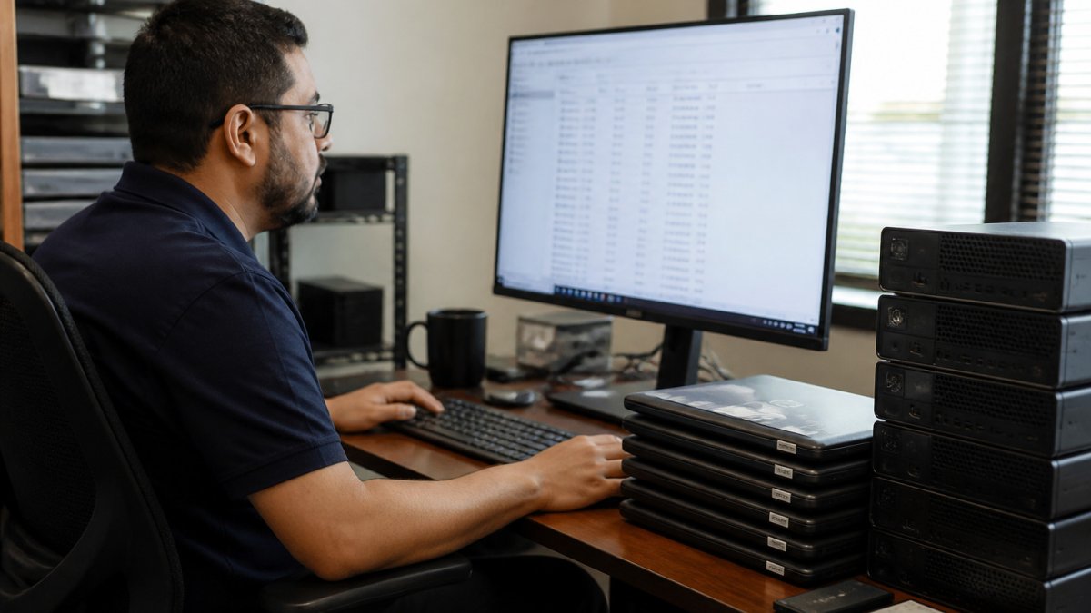 IT administrator reviewing a device inventory for endpoint protection on office laptops and desktops