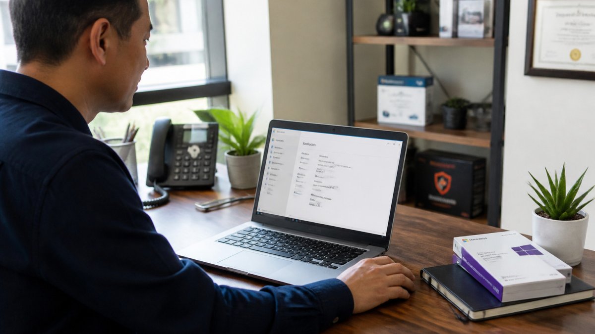 Business professional checking Windows license key validity on a laptop in a bright modern office workspace