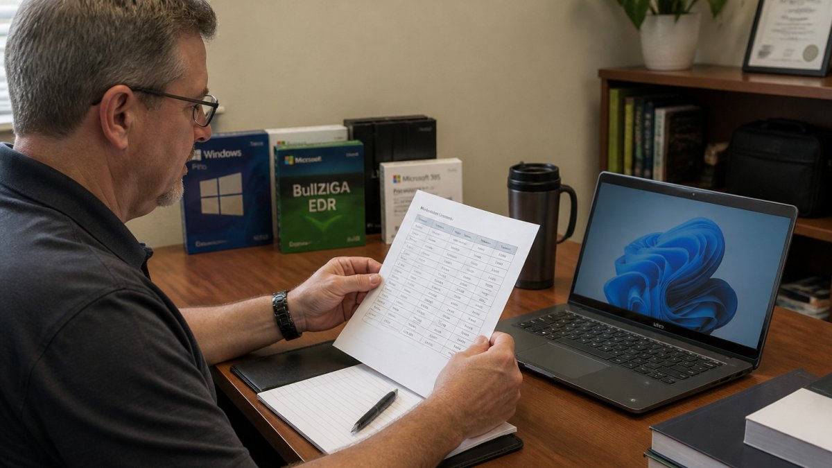 IT manager reviewing workstation licenses on a laptop running Windows 11 Pro in an office
