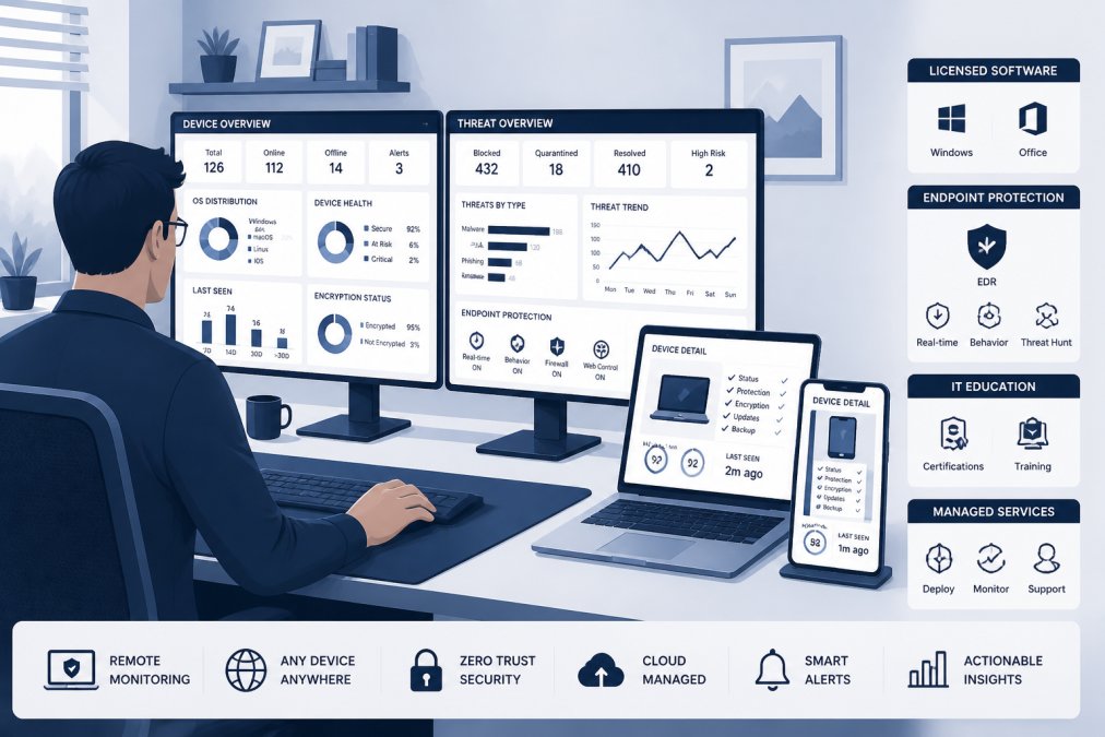 An IT manager at a desk with two monitors showing device dashboards, reviewing a laptop and smartphone side by side in a bright home office