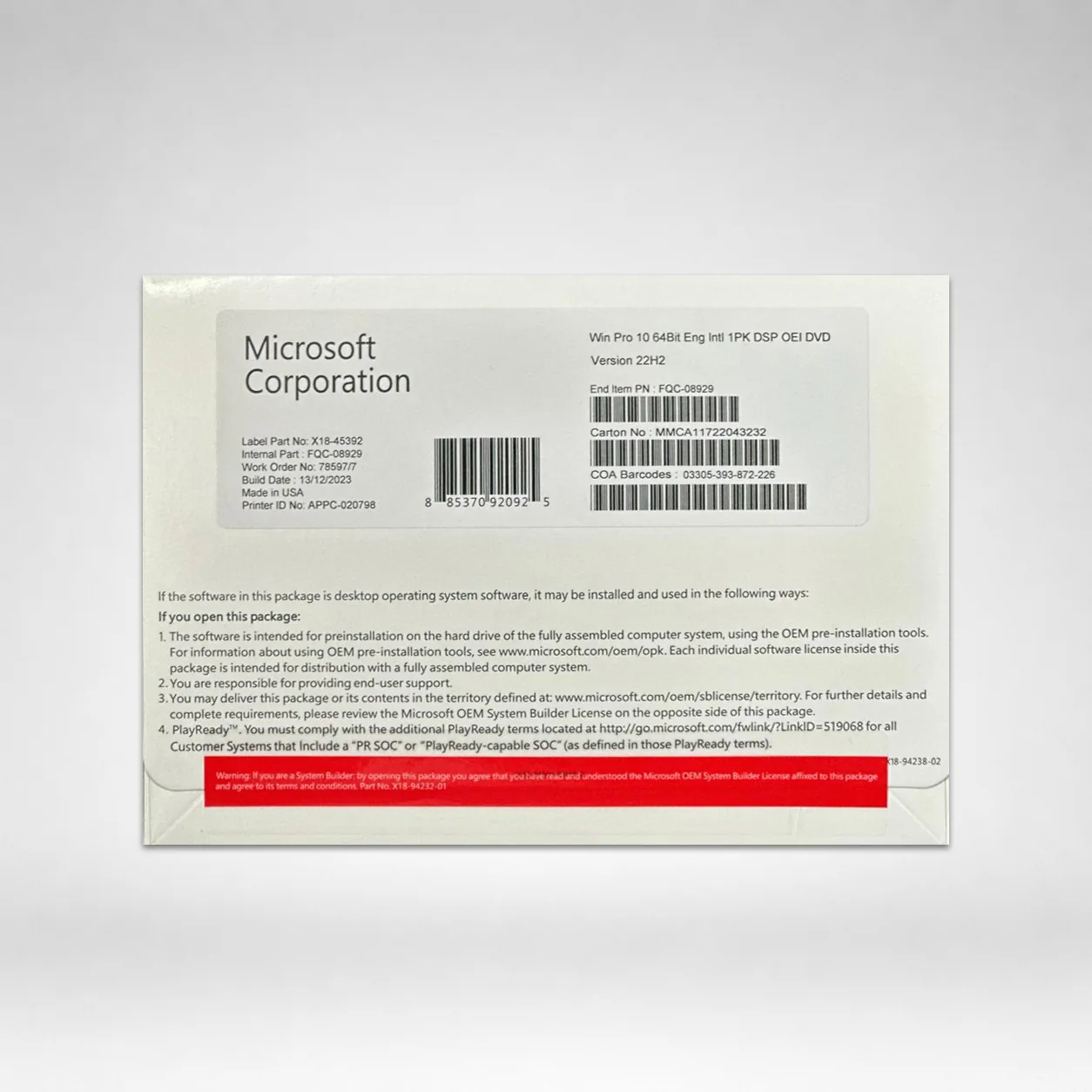 Microsoft Windows 10 Professional 64 -bit OEM | DVD with License Key