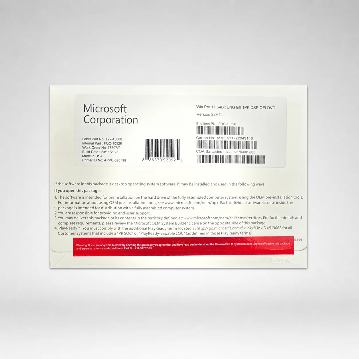 Microsoft Windows 11 PRO 64 BIT OEM DVD with Key